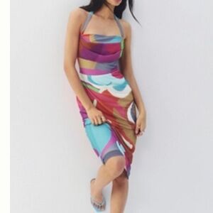 NWT By Anthropologie Squate Neck Halter Midi Colorful Dress